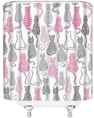Vista 3 de Cortina de ducha con diseño de gato lindo gatito feliz, divertido patrón de animales de dibujos animados, abstracto, encantador, moderno, juego