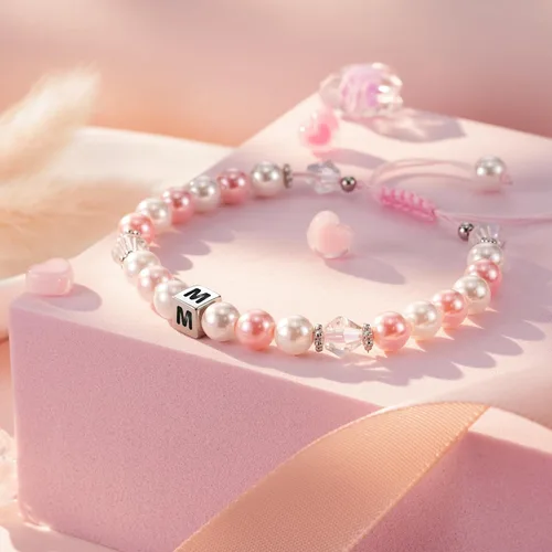 Vista 5 de ASKRAIN Pulsera de perlas rosas y blancas de cumpleaños para niñas