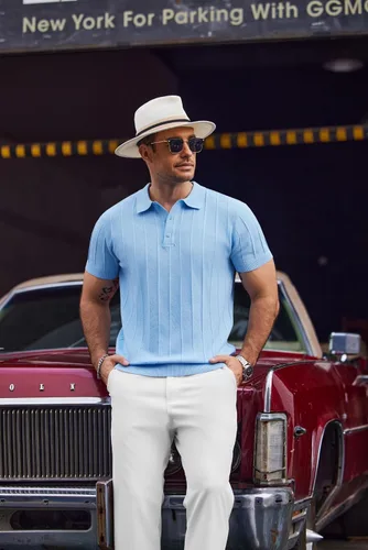 Vista 35 de COOFANDY Camisas polo de punto para hombre de manga corta con textura acanalada Camisas de golf casuales y ligeras con cuello Camiseta de polo