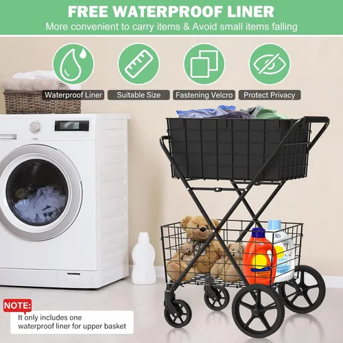 Vista 6 de 【2025𝐍𝐄𝐖】Carrito de compras plegable extra grande de 2 niveles con ruedas, carrito de compras de 400 libras para víveres con 2 cestas extraíbles