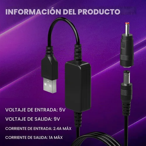 Vista 5 de DROK Adaptador USB a 9 V, convertidor de impulso de CC de 5 V a 9 V, 1,5 A, cable USB de 3.6 ft, convertidor elevador con conector CC macho de 0.217