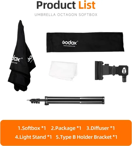 Vista 3 de Godox Photo Studio 80 cm 31.5 pulgadas Sombrilla octogonal portátil Softbox, soporte de trípode de 190 cm con soporte para zapata caliente