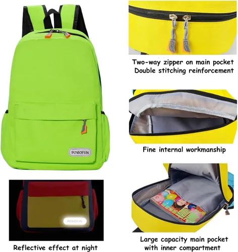 Vista 5 de Mochila para niños de 15 pulgadas, ligera, para escuela primaria, para jardín de infantes, mochila de viaje casual, Verde, Estilo casual