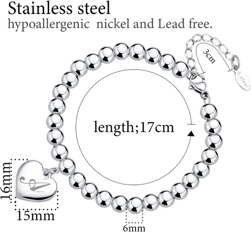 Vista 8 de Estendly - Pulsera de cuentas de acero inoxidable de 6mm con dije en forma de corazón e inicial, 26 letras, ideal como regalo de cumpleaños