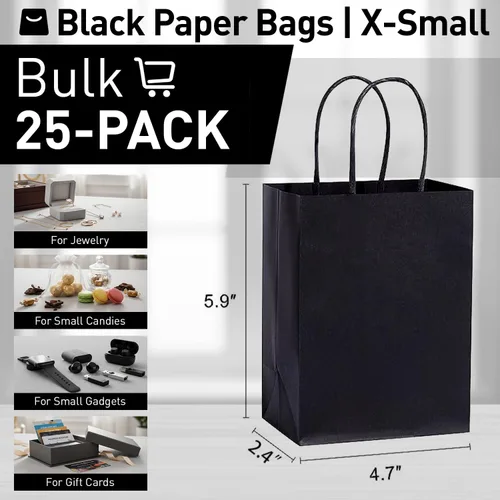 Vista 2 de SUNCOLOR 25 bolsas pequeñas de regalo negras con asas, mini bolsas de regalo de 6 pulgadas para recuerdos de fiesta, golosinas y recuerdos de boda
