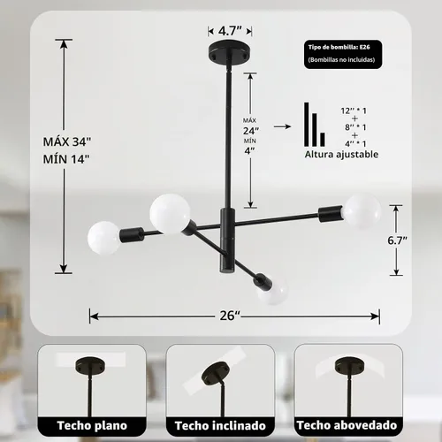Vista 3 de HHR Candelabro Sputnik de 4 luces, Candelabro Moderno Negro Lámpara de Techo, Candelabros de Altura Ajustable para Comedor Isla de Cocina