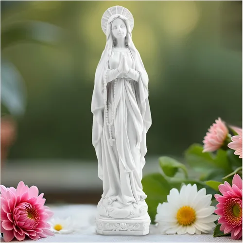 Vista 10 de Estatua de Nuestra Señora de Gracia – Figura de 8.5 pulgadas, decoración religiosa católica de resina para altar del hogar, mesa de oración, Azul
