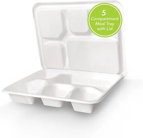 Vista 11 de three leaf platos redondos de bagazo de 10 pulgadas con 3 compartimentos, 25 unidades. Platos de bagazo desechables, 100 % biodegradables