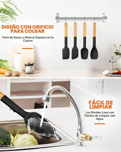 Vista 7 de Badiano Juego de cucharas de espátula de silicona para utensilios de cocina Negro