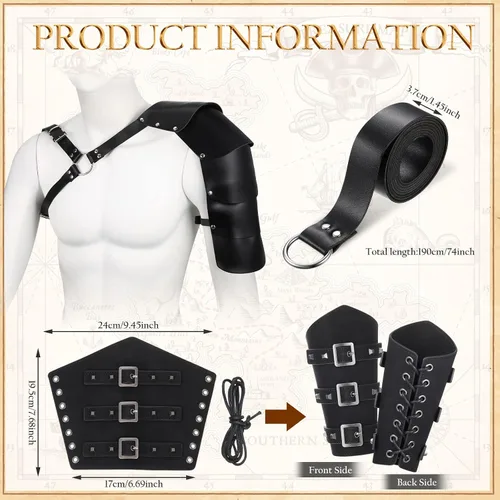Vista 2 de Sanwuta 4 piezas de cuero de Halloween de un solo hombro armadura de cuero sintético protectores de brazo medievales de caballero vikingo, disfraz