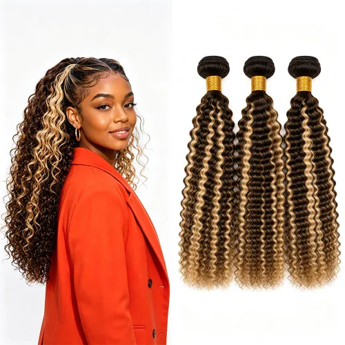 Vista 217 de P4613 Cabello humano rizado onda profunda marrón y paquetes mixtos 8 10 12 P4613 Ombre Marrón-Rubio-DP
