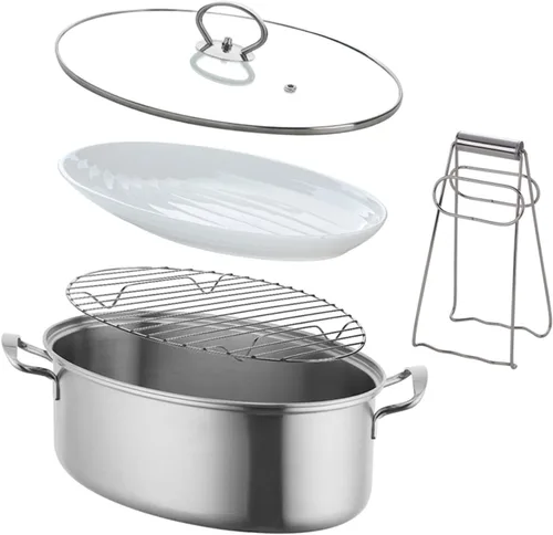 Vista 12 de Vaporizador de pescado de acero inoxidable, olla ovalada multiusos con estante, sartén de cerámica, portabrocas para cocinar pescado al vapor, sopa