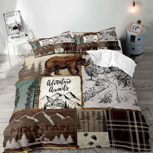 Vista 9 de LUVIVIHOME 2 piezas de funda de edredón con diseño de osos, alces y ciervos en negro, juego de cama individual, ropa de cama rústica de estilo La