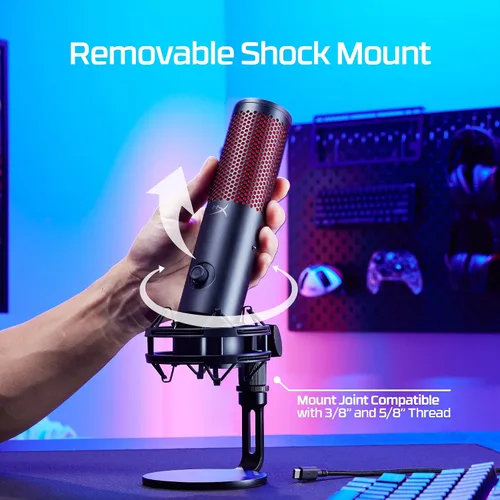 Vista 6 de HyperX QuadCast 2 - Micrófono USB para juegos, transmisión y podcasting, con controles integrados, iluminación LED, soporte de choque extraíble, PC