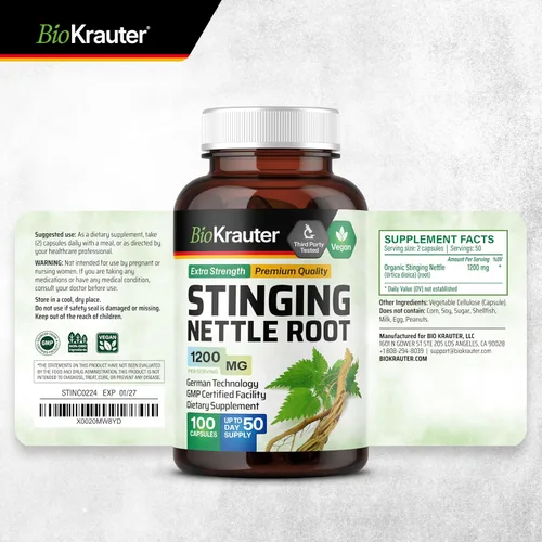 Vista 8 de Raíz de ortiga picante 100 cápsulas, 1000 mg por porción, raíz orgánica de ortiga (Urtica Dioica)