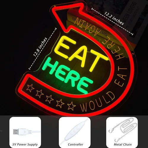 Vista 4 de Letrero de neón "Eat Here" Letrero de neón "Would Eat Here Again" Letreros de cocina Decoración de pared Letrero LED de comida para decoración
