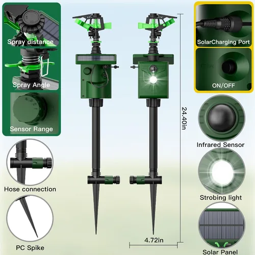 Vista 9 de Repelente de animales activado por movimiento con rociador de agua y luz intermitente, repelente de ciervos y gatos de energía solar, disuasorio