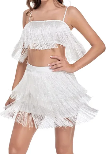 Vista 2 de Fenyong Conjunto de 2 piezas para mujer, sexy, con borlas, entallado, parte superior corta, minivestido