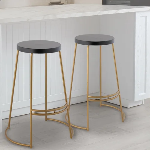 Vista 2 de JONATHAN Y Hula Taburete de bar de hierro curvado sin espalda de 28.75 pulgadas, negro/dorado Art Deco Style, Round Seat, Integrated Footrest