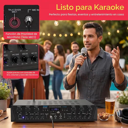 Vista 4 de Pyle Sistema amplificador de audio inalámbrico para el hogar, receptor estéreo de 6 canales compatible con Bluetooth, 600 W de potencia máxima