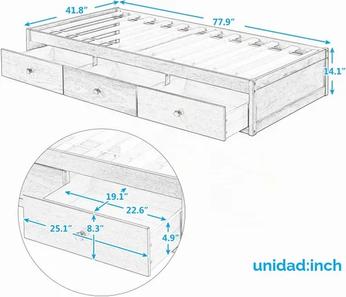 Vista 2 de Merax Marco de cama de madera con 3 cajones, cama de día individual Storge con soporte de listones de madera, ahorro de espacio, cereza
