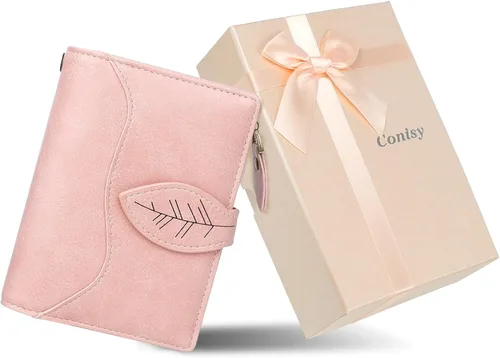 Vista 3 de CONISY Cartera pequeña para mujer, cartera compacta de cuero plegable con correa de muñeca con bloqueo RFID para mujer, Rosado, Moderno