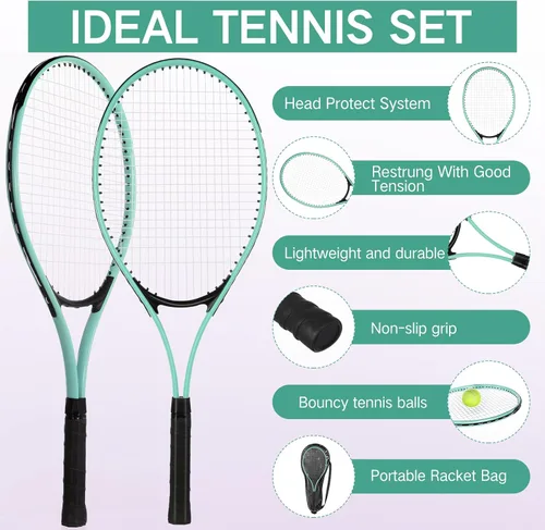 Vista 4 de 16 raquetas de tenis para adultos recreativas para 8 jugadores, raqueta de tenis de 27 pulgadas, raqueta de tenis ligera a granel con 8 pelotas