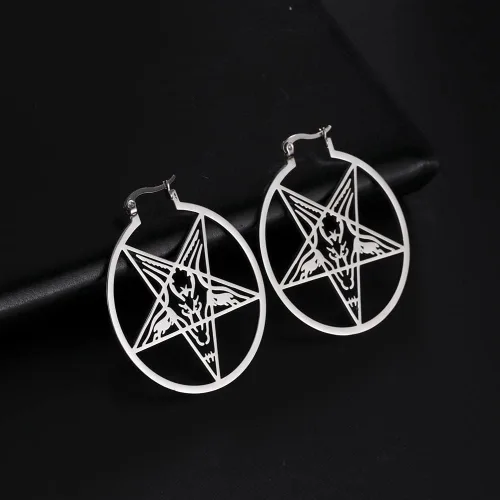 Vista 4 de LIKGREAT Aretes grandes de pentagrama para mujer, aretes de aro con hebilla de pentáculo, pendientes de Wiccan paganos, joyería de fiesta