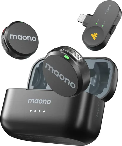 Vista 8 de MAONO Micrófono Lavalier inalámbrico para cámara/PC/portátil/teléfonos, mini micrófono de solapa con 48 khz 24 bits, rango de 1000 pies, cancelación