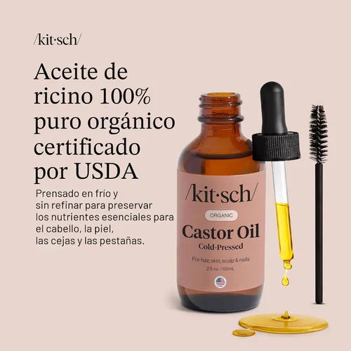 Vista 2 de Kitsch Aceite de Ricino Orgánico para el Crecimiento del Cabello - Aceite de Ricino 100% Puro, Prensado en Frío Orgánico Sin Refinar en Botella