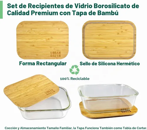 Vista 2 de Urban Green Recipientes de vidrio con tapas de bambú, juego de 4 recipientes de almacenamiento herméticos, juego de recipientes de alimentos