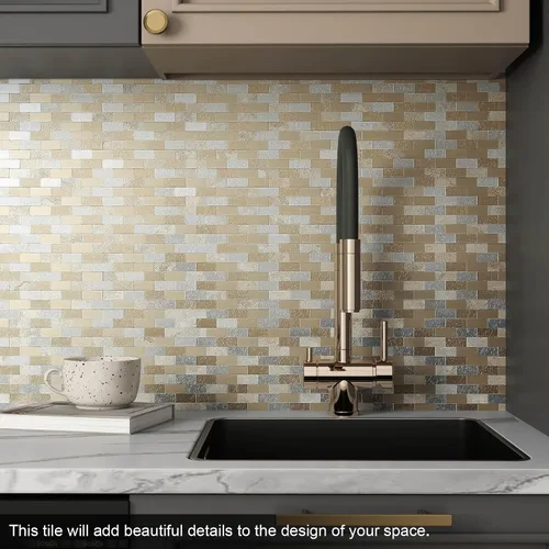 Vista 4 de BeNice Azulejos de metal para salpicaduras de cocina, despegar y pegar, azulejos de pared de baño, color beige (10 hojas)