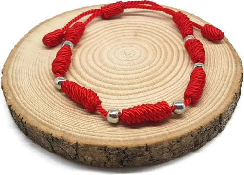 Vista 3 de MYSTIC JEWELS by Dalia - Pulsera de Cabalá - 7 nudos de hilo rojo con bolas - Unisex - Ajustable - Protección de los ojos - Buena suerte