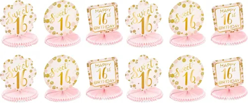 Vista 10 de Sparkle and Bash Sweet 16 - Centros de mesa de panal de abeja, paquete de 6, rosa y dorado, 9-10 pulgadas, adornos de mesa de papel reutilizables