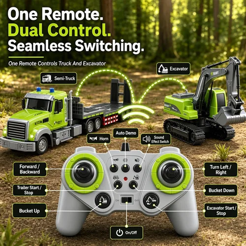 Vista 3 de 2-in-1 1:12 RC Semi Truck & Excavator Toy with Lights & Sounds