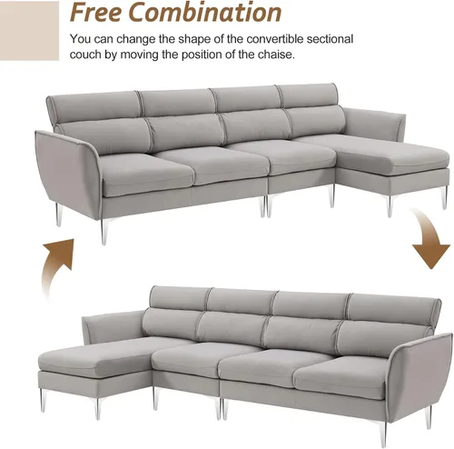 Vista 4 de Sofá modular convertible de 111 pulgadas, sofá de franela en forma de L con diván para zurdos y diestros