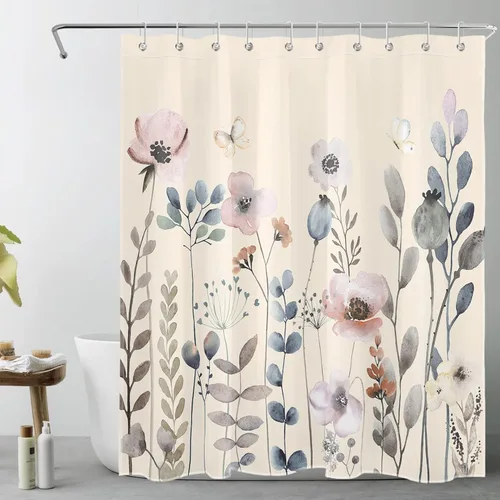 Vista 38 de Cortina de ducha con diseño bohemio de plantas y flores de acuarela sobre fondo beige, cortina de ducha de baño con hojas naturales, cortina