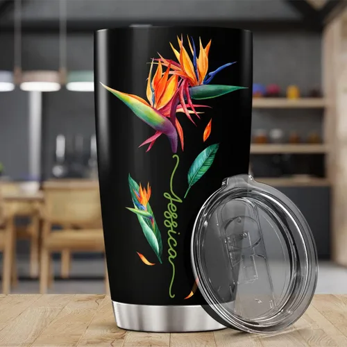 Vista 3 de CUBICER Vaso personalizado con diseño de pájaro del paraíso con tapa, nombre personalizado, regalos de Navidad para mujeres, amantes de las flores