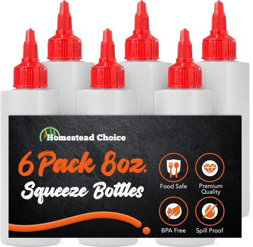 Vista 7 de Paquete de 6 botellas de plástico para salsas, botellas exprimibles de condimentos de 8 onzas para líquidos, botella de chorro sin BPA con tapa