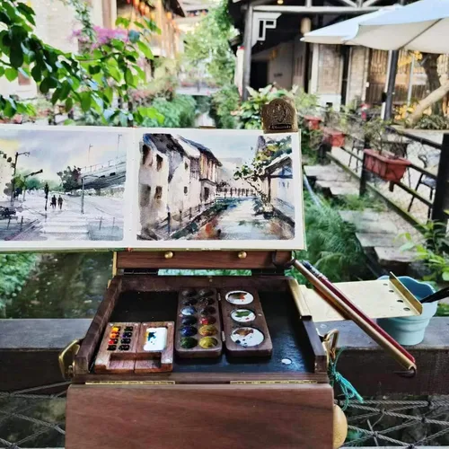 Vista 6 de Pequeña paleta de acuarela portátil de madera con tapa, mini paleta de acuarela, paleta de acuarela vacía para acuarela, gouache, pintura acrílica