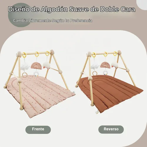 Vista 3 de Tapete de madera 4 en 1 para gimnasio y actividades para bebés, tapete de algodón suave para bebés de 0 años, con 3 juguetes desmontables