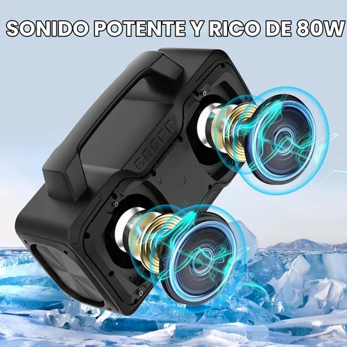 Vista 2 de BUGANI Altavoz Bluetooth, potente altavoz inalámbrico portátil de 80 W IPX7 impermeable, altavoces fuertes para exteriores con mango de 24 horas