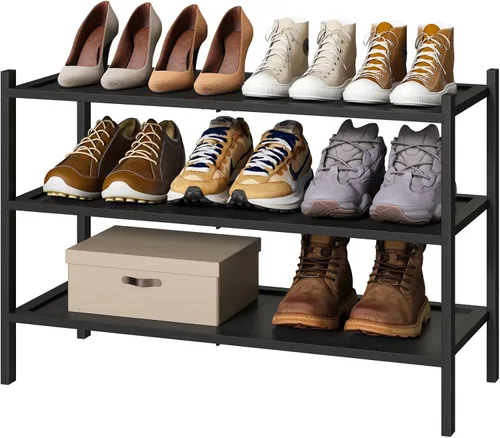 Vista 11 de kiplant Zapatero de bambú negro de 2 niveles, zapatero apilable de madera de bambú para armario, entrada y pasillo