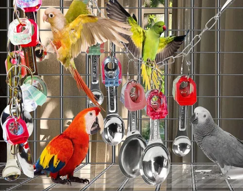Vista 4 de Juguetes masticables para pájaros, juguetes de loro, cuchara y anillo para pájaros pequeños/medianos