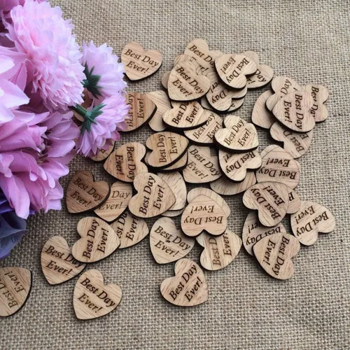 Vista 8 de 100 piezas de madera grabadas en madera con confeti de corazón para decoración rústica de mesa de boda, decoración dispersa para despedida