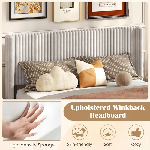 Vista 5 de Giantex Base de cama de terciopelo tamaño Queen, plataforma tapizada con cabecera vertical copetuda, base de colchón de soporte de listones