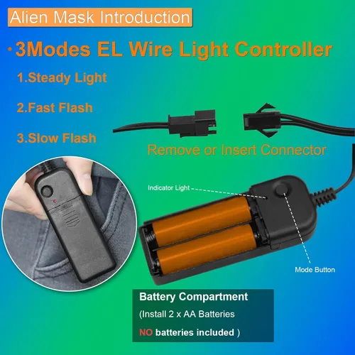 Vista 3 de Tanganan Máscara LED de alienígena para adultos y niños, máscara de Halloween con luz LED, 3 modos de iluminación, máscara facial para disfraz