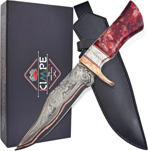 Vista 9 de KIMPE Cuchillo de caza de hoja fija. (Copper Damasco y Crown Stag)