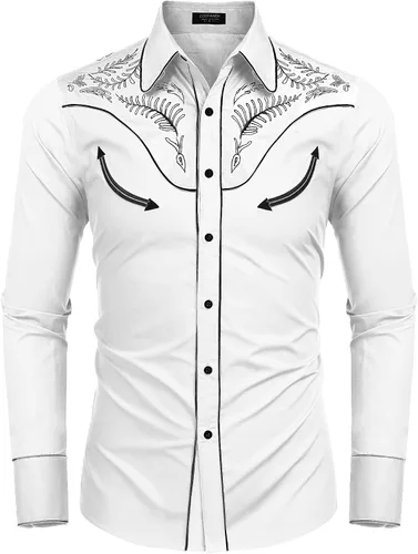Vista 4 de COOFANDY - Camisa vaquera occidental para hombre de algodón, casual, de manga larga, con botones