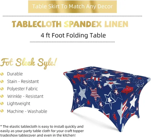 Vista 3 de Mantel rectangular ajustable de elastano elástico con estrellas patrióticas americanas de 4 pies, protector de mesa para fiestas, eventos